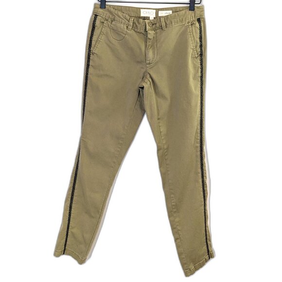 Anthropologie | Olive Green Relaxed Chino Navy Geo Tuxedo Stripe Pants | 26 - Picture 6 of 16